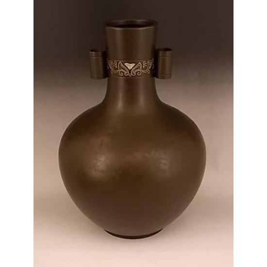 JAPANESE MID 20TH CENTURY BRONZE INLAID VASE BY HANNYA KANKEI